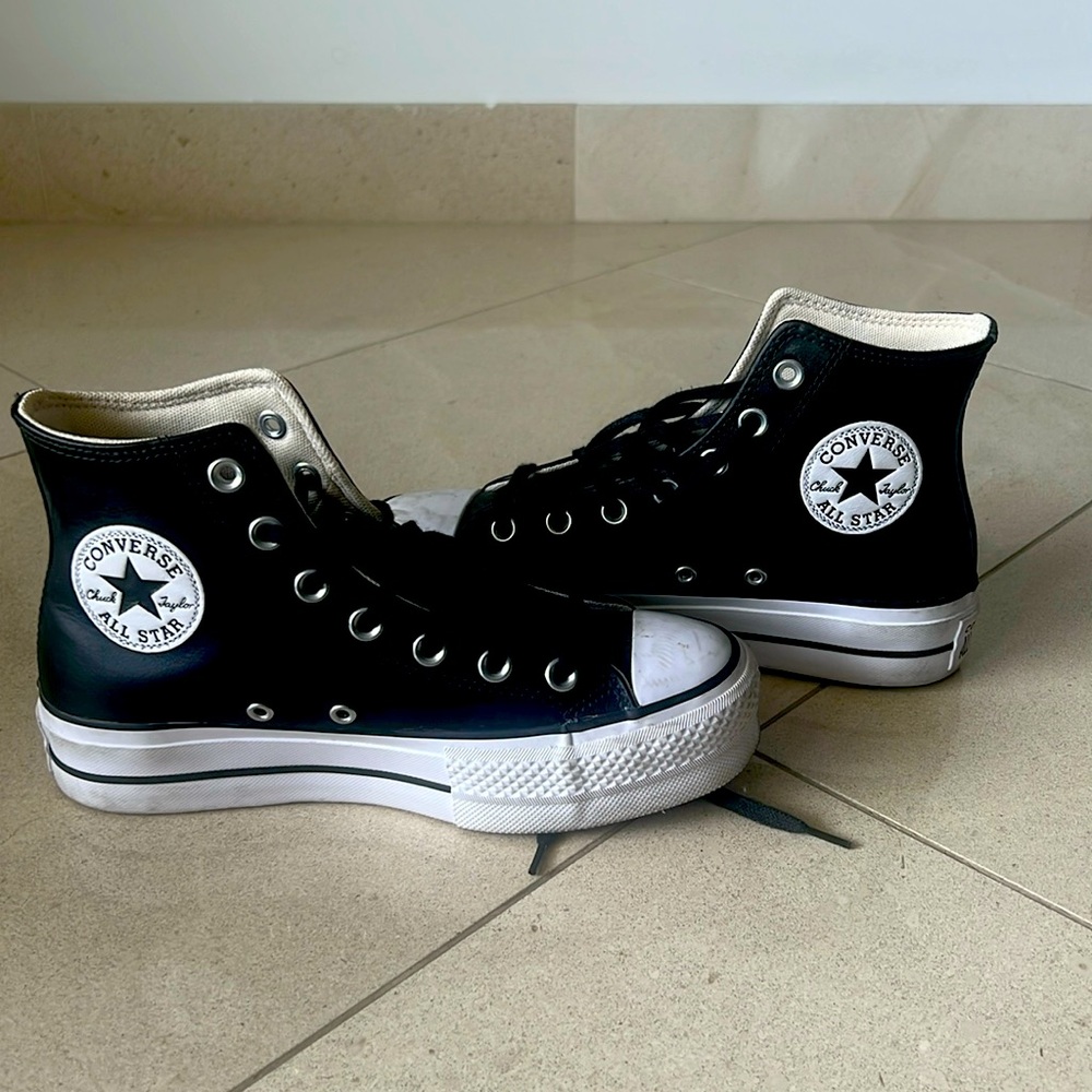 Black leather Converse high top sneakers